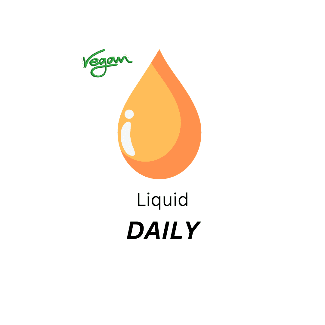 Graphic featuring an orange liquid droplet and text indicating suitability for vegans