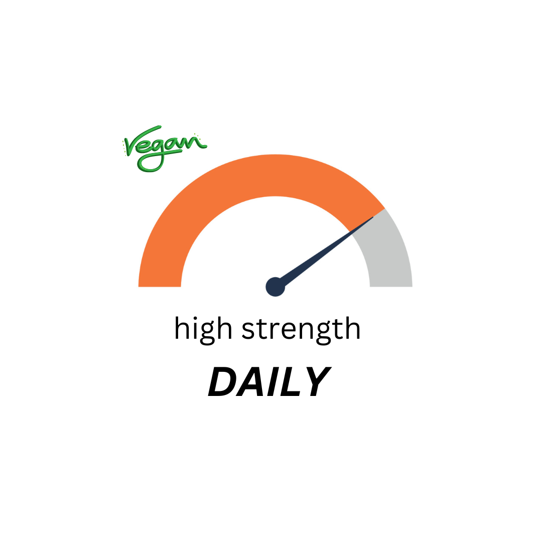 Meter displaying "High Strength", indicating a strong level, suitable for vegans