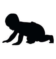 A graphic representation of a baby silhouette crawling on the floor