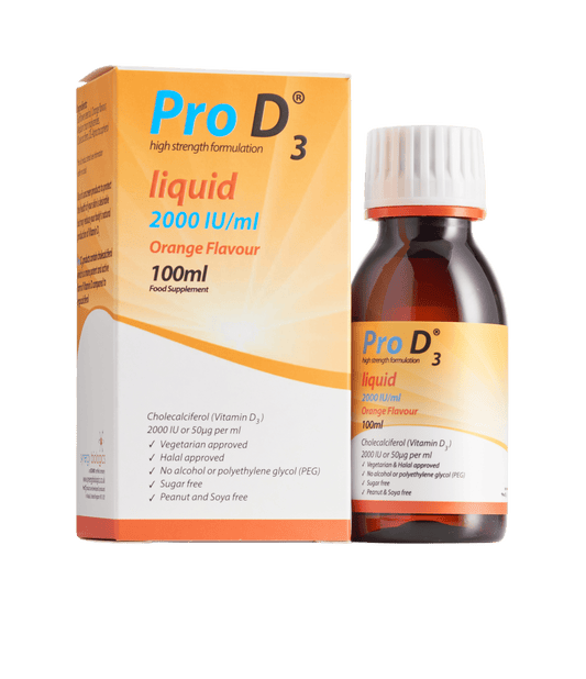 Product image of Pro D3 Liquid, showcasing the bottle alongside its packaging