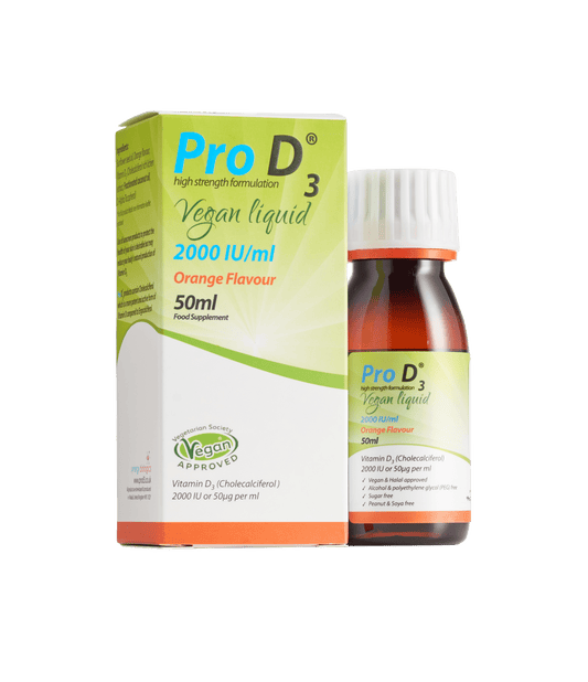 Product image of Pro D3 Vegan Liquid, showcasing the bottle alongside its packaging