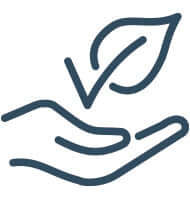 Icon of a hand holding a leaf on a white background, symbolising sustainability