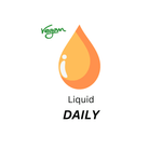 Graphic featuring an orange liquid droplet and text indicating suitability for vegans
